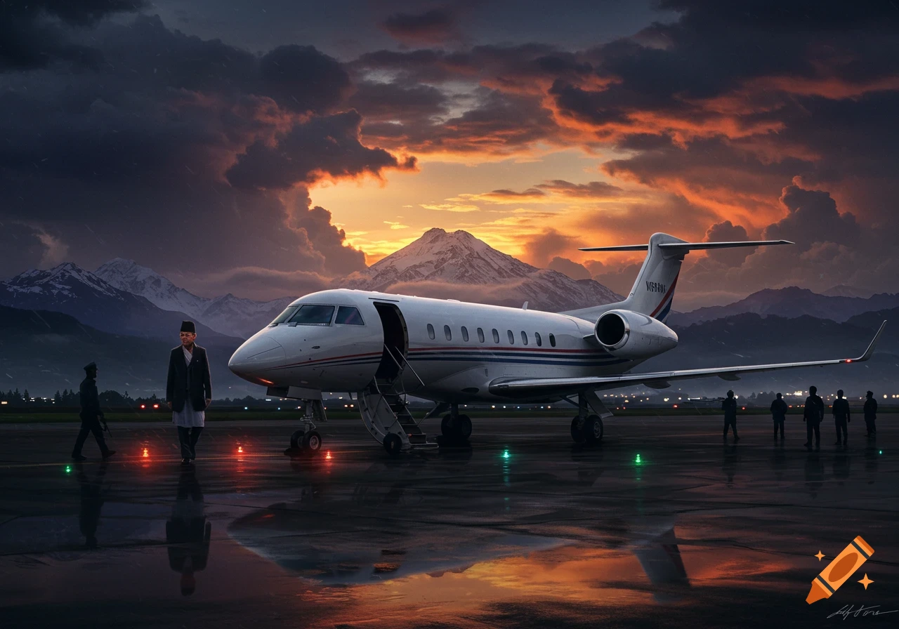 A man in traditional Nepali attire walks away from a private jet on a wet tarmac at sunset, with a snow-capped mountain range in the background. Photorealistic style.