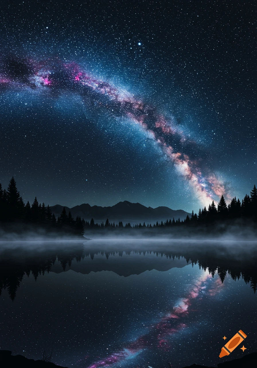 The Milky Way glows brightly over a forest, mountains, and misty lake, reflected in the water at night.
