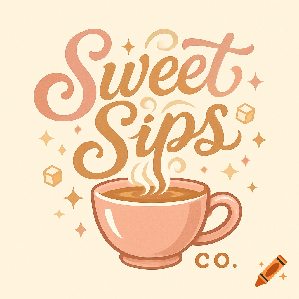 Illustrated logo for Sweet Sips Co. with pink and orange script text above a steaming pink coffee cup, surrounded by stars and sugar cubes.