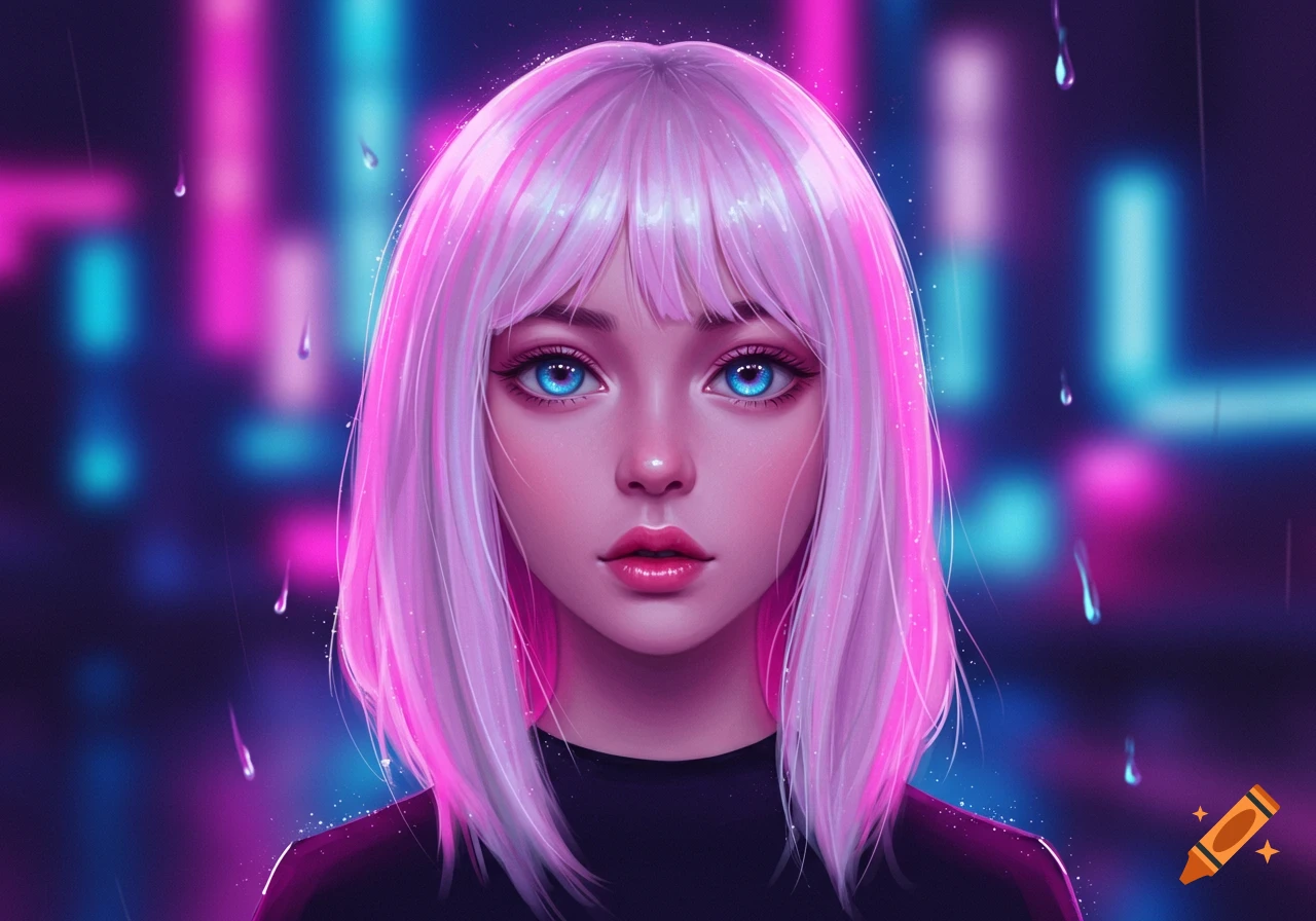 Stylized digital art portrait of a woman with bright pink hair and blue eyes against a blurred neon city background with rain.
