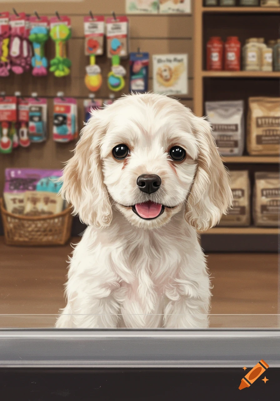 A cute white cocker spaniel puppy with big dark eyes and a pink tongue smiles, looking out from a pet shop window.