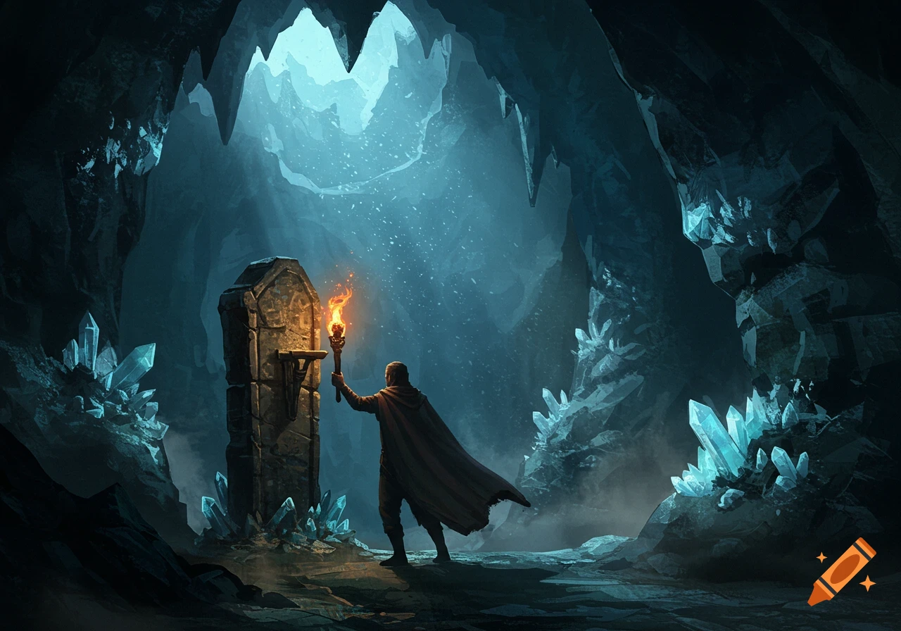 A robed figure holding a flaming torch stands before a stone monolith in a dark, crystal-filled cave.