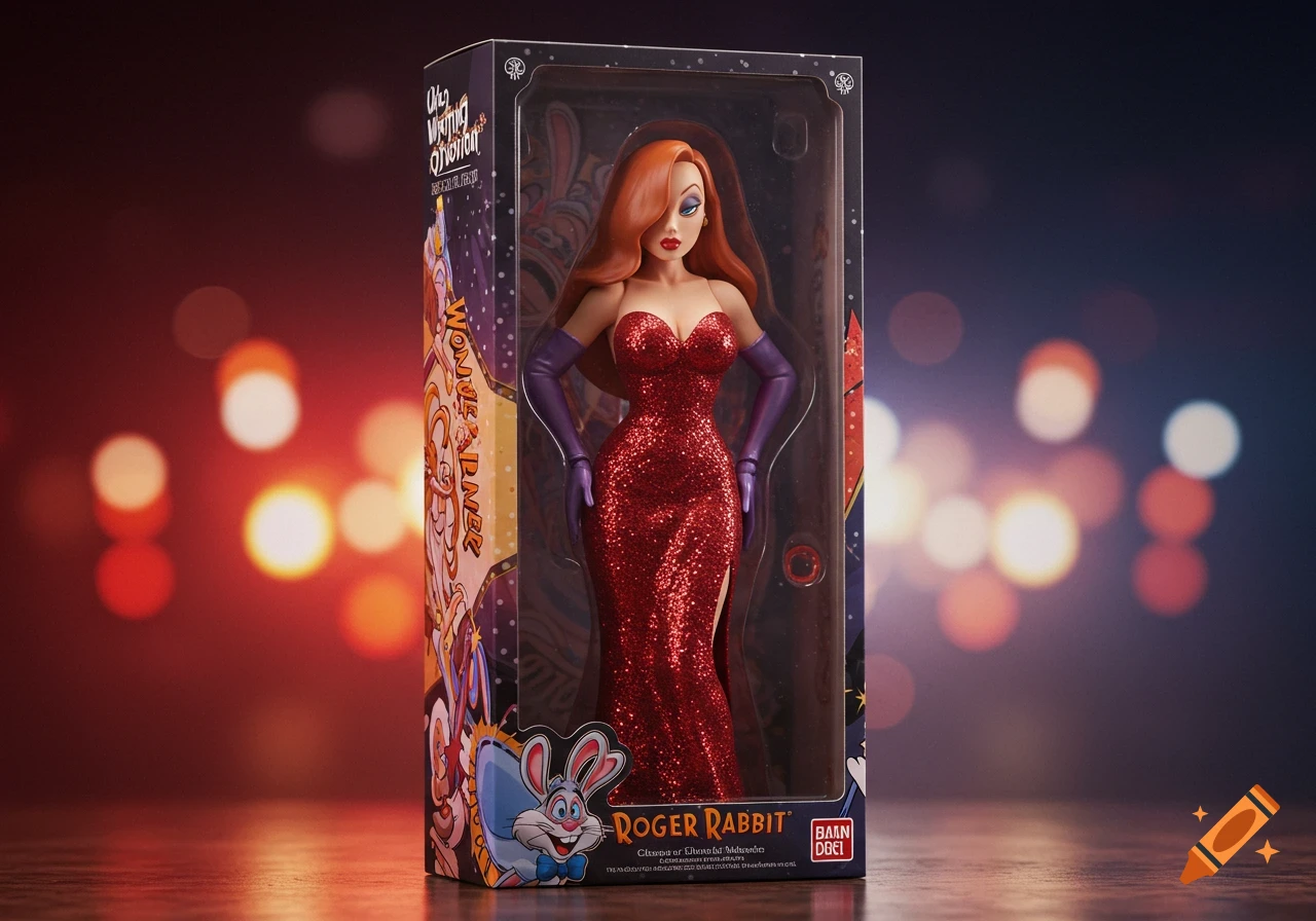 Jessica Rabbit action figure in a box, with Roger Rabbit branding, against a bokeh background.
