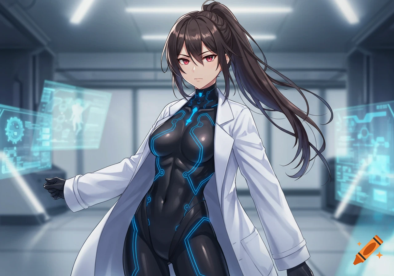 Anime woman with dark hair in a ponytail and red eyes, wearing a black skin-tight suit with blue patterns and a white lab coat, standing in a sci-fi laboratory with holographic displays.
