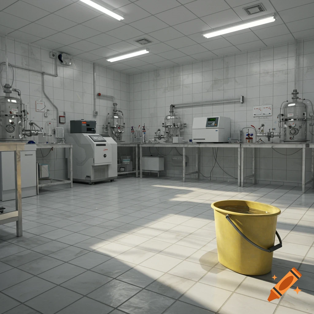 A yellow mop bucket with water on a tiled floor in a photorealistic laboratory with scientific equipment.