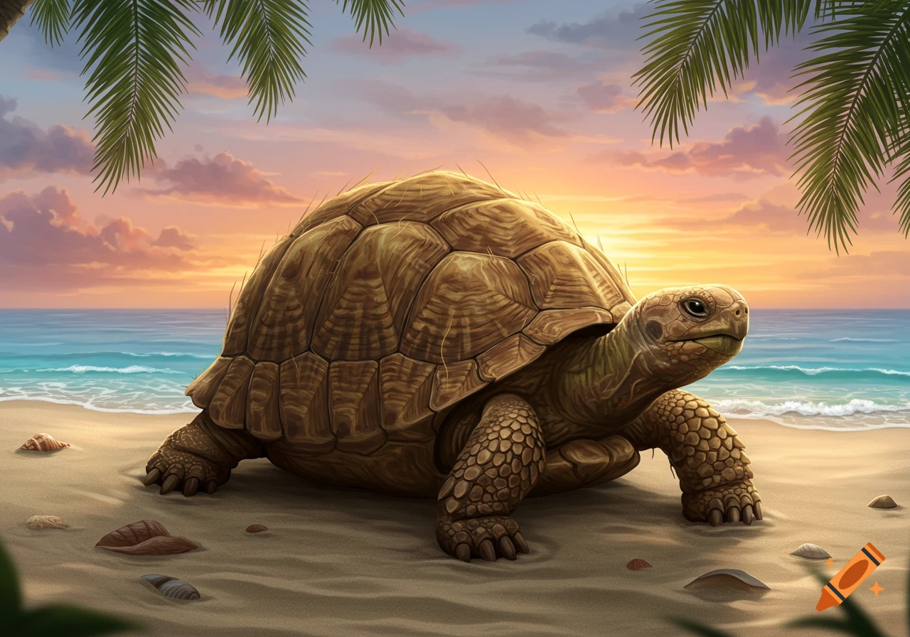 A large, textured tortoise on a sandy beach at sunset, with palm fronds hanging overhead and ocean waves in the background.