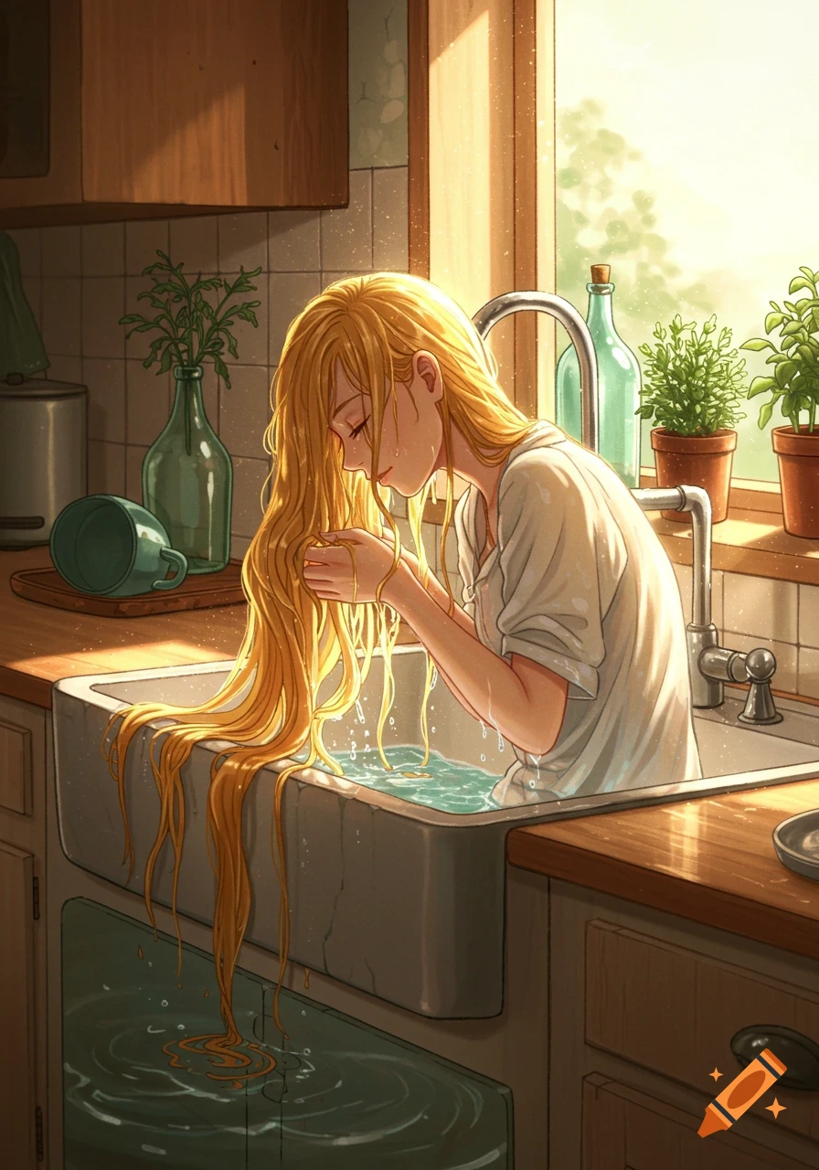 Anime blonde girl washing her long hair in a sunny kitchen sink.