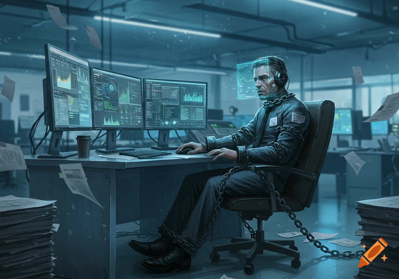 A man chained to a desk in a dark, futuristic office, working at multiple computer screens displaying data, looking weary.