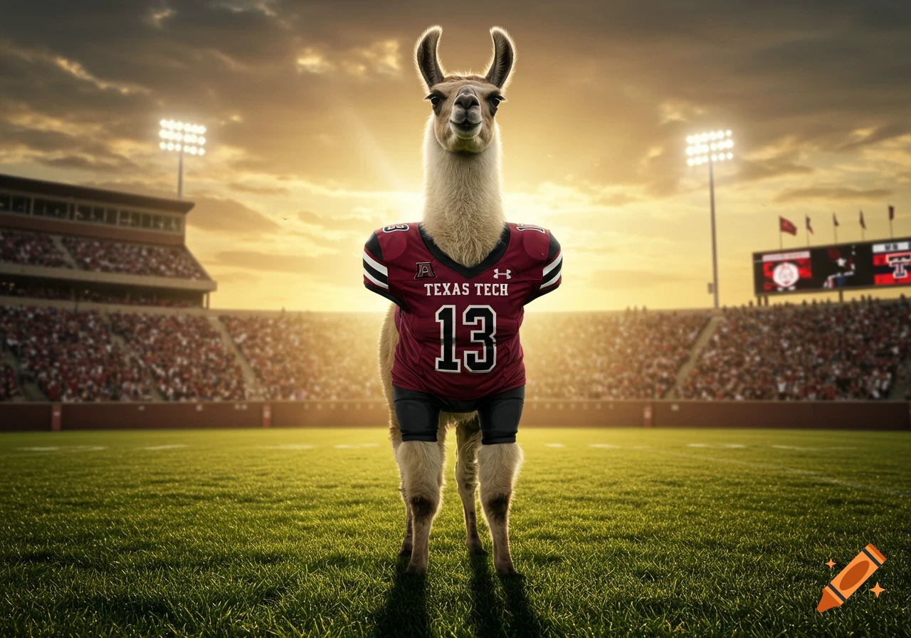A photorealistic llama dressed as a football player in a maroon Texas Tech uniform, standing on a grassy stadium field at sunset.