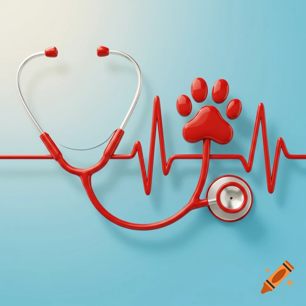 A stylized red stethoscope forms a heart shape, connected to an ECG line and a paw print on a light blue background.