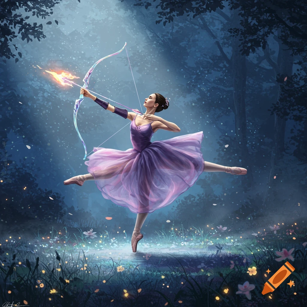 Graceful ballerina in purple aims glowing bow in a magical, moonlit forest, digital art.