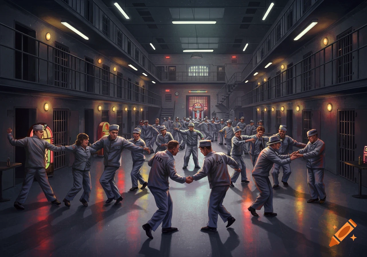 An illustration of prisoners dancing and celebrating in a large cell block hallway, illuminated by jail cell lights and jukeboxes.