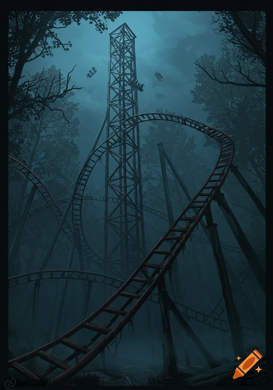 Eerie illustration of a derelict roller coaster with looping tracks and a tall tower, set in a dark, misty forest.