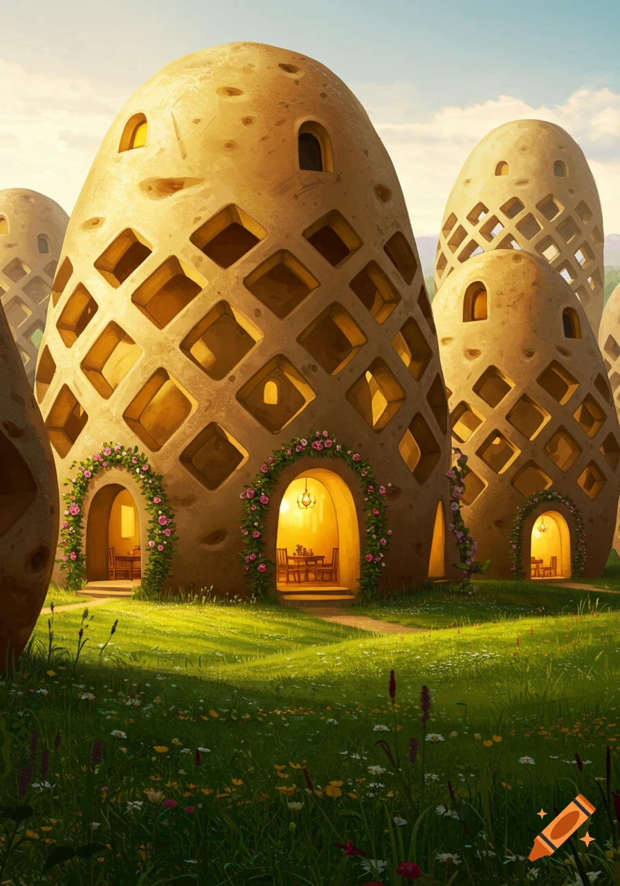 Whimsical potato-shaped houses with floral arches and warm glowing windows, in a sunlit green meadow with wildflowers.