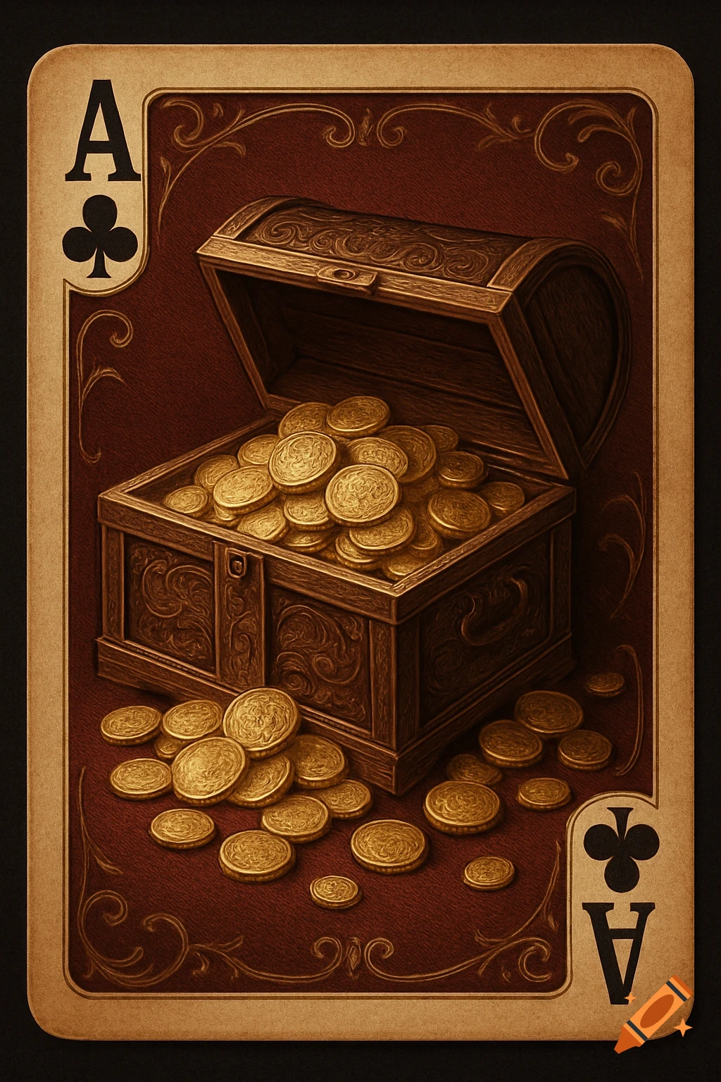 Ace of Clubs playing card featuring an open, ornate wooden treasure chest overflowing with gold coins, in a vintage illustration style.