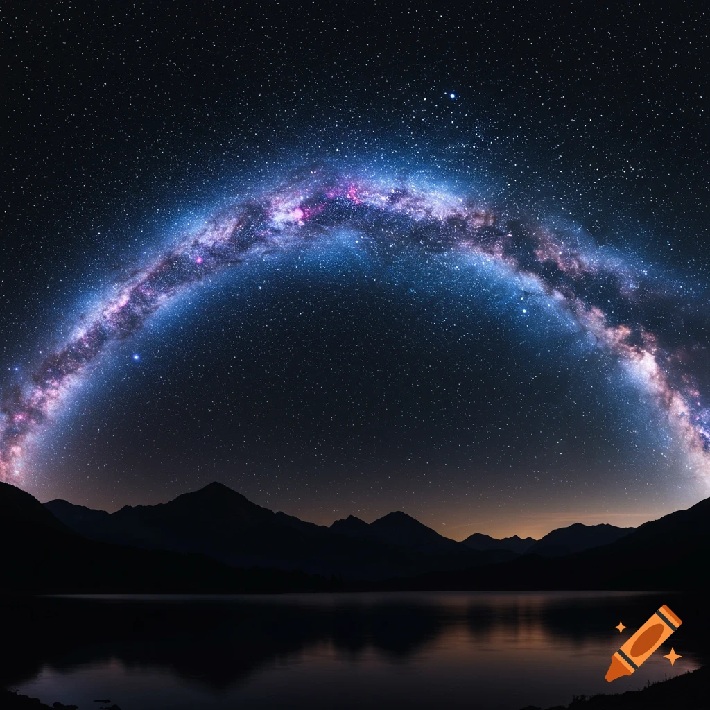 Photorealistic image of the Milky Way arching across a dark night sky over silhouetted mountains and a reflective lake.