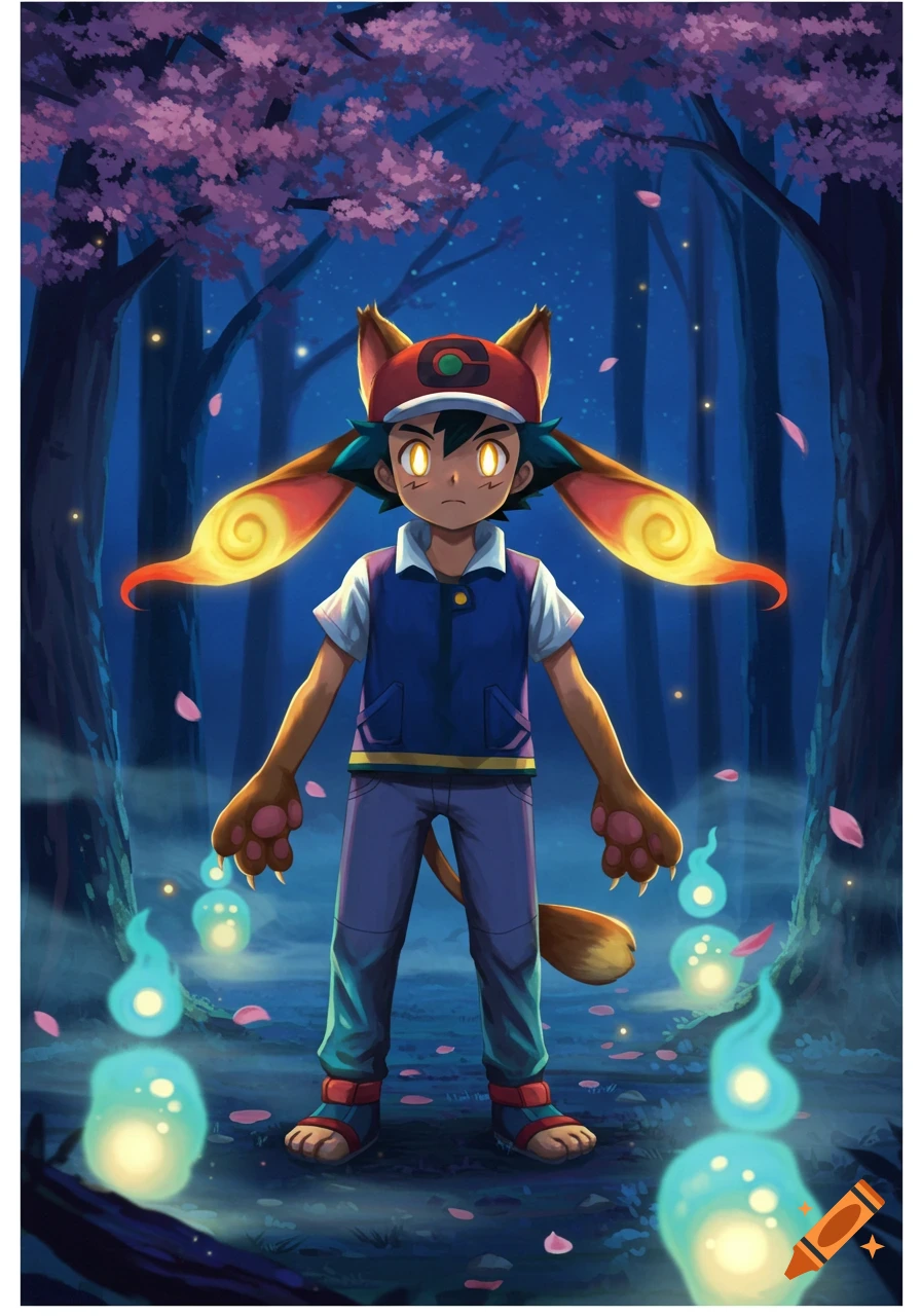 Anime illustration of Ash Ketchum as a cat-like Yokai with glowing eyes and paw hands, standing in a magical forest with blue orbs.