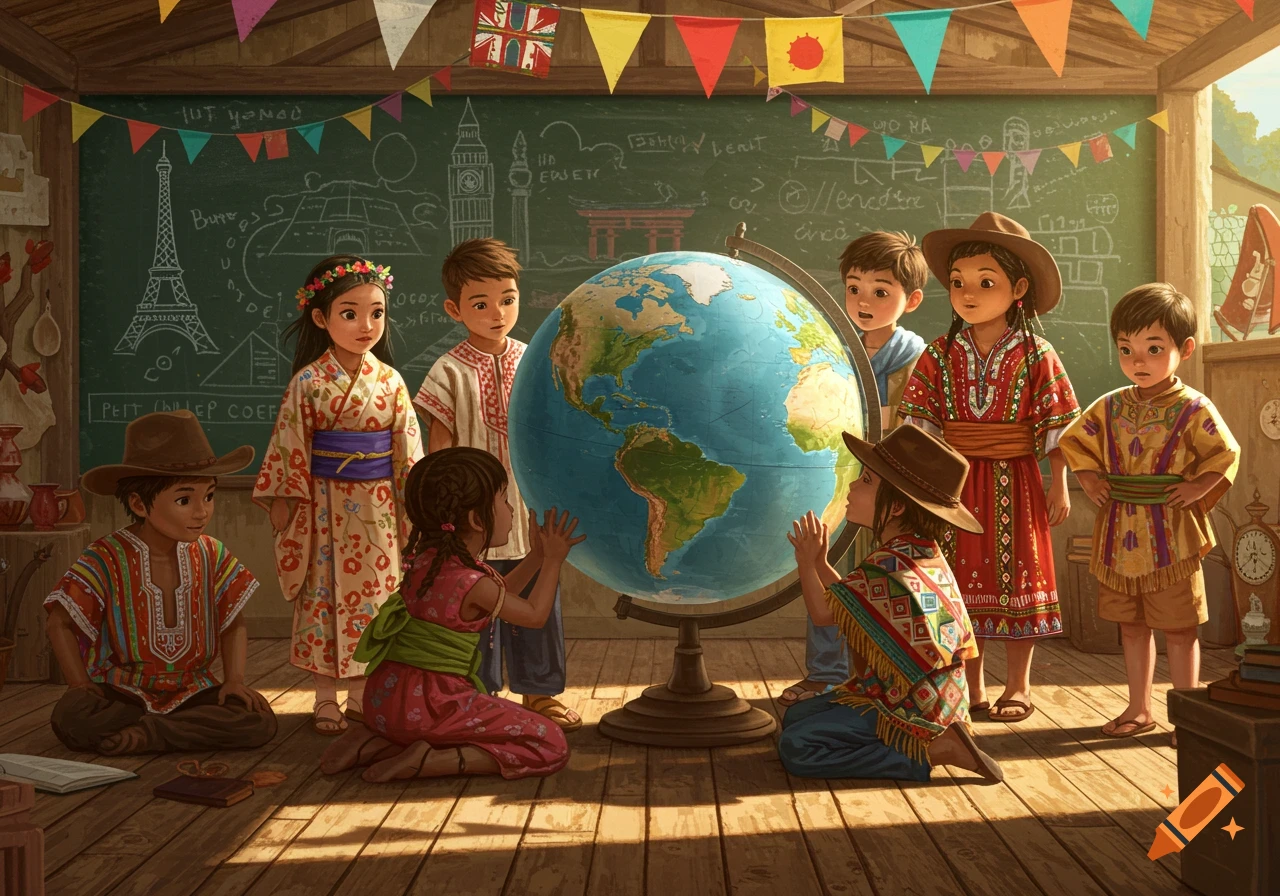 Children in various traditional outfits are gathered around a large globe in a classroom, with drawings of world landmarks on a blackboard behind them.