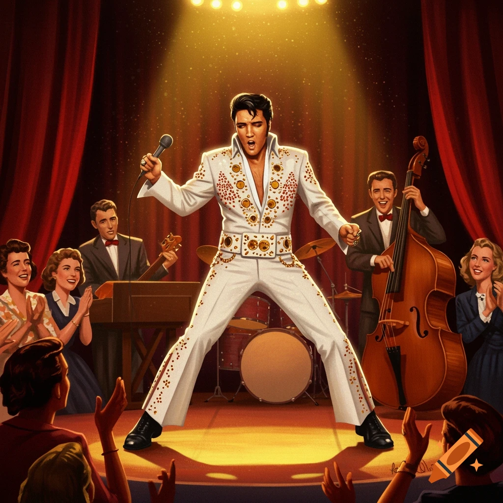 An illustration of Elvis Presley in a white jumpsuit singing on stage under  spotlights, with a band and an applauding audience. on Craiyon, image size:1024x1024