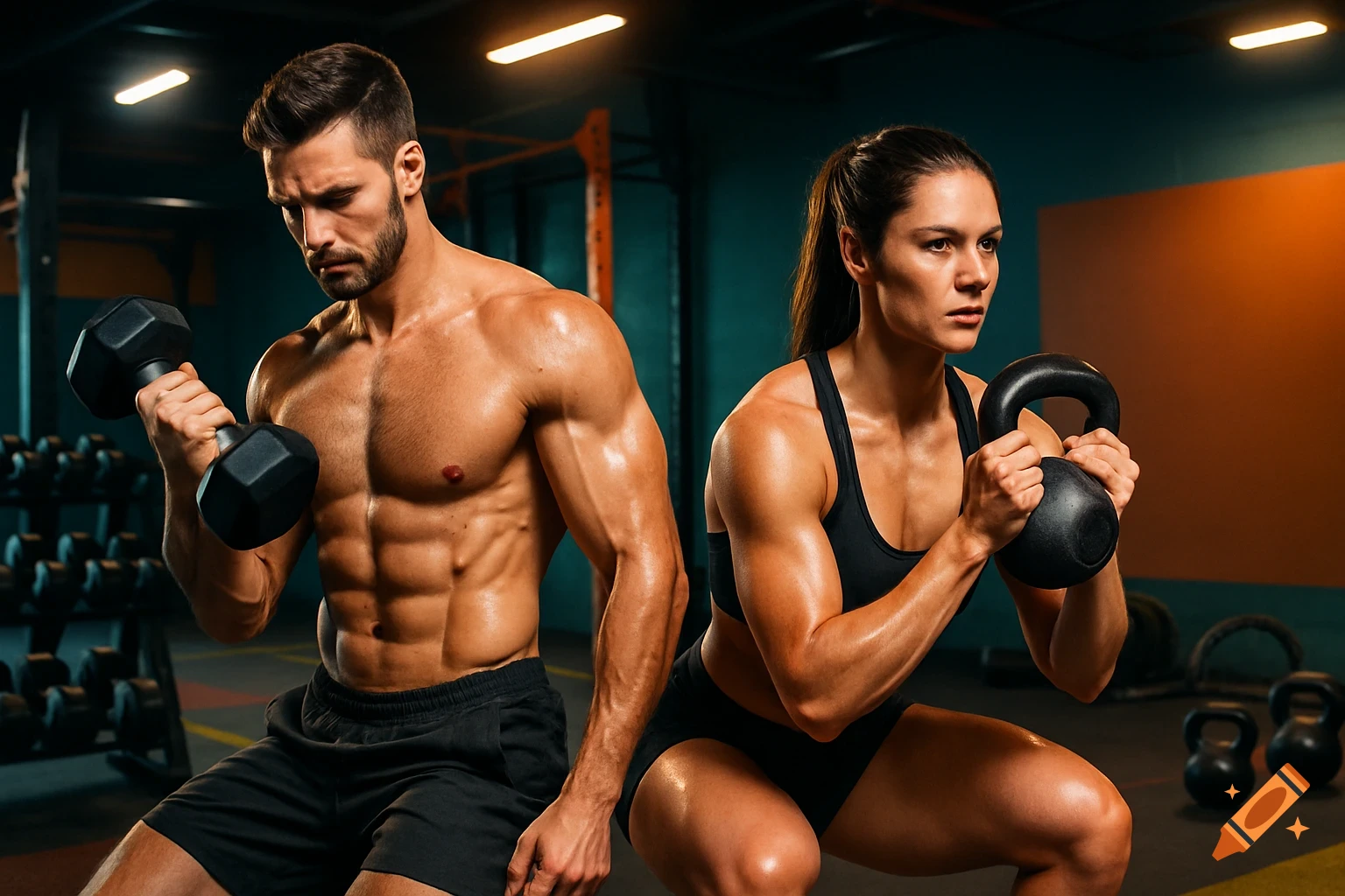 Muscular male and female athletes exercise with weights in a vibrant gym, showing determination.