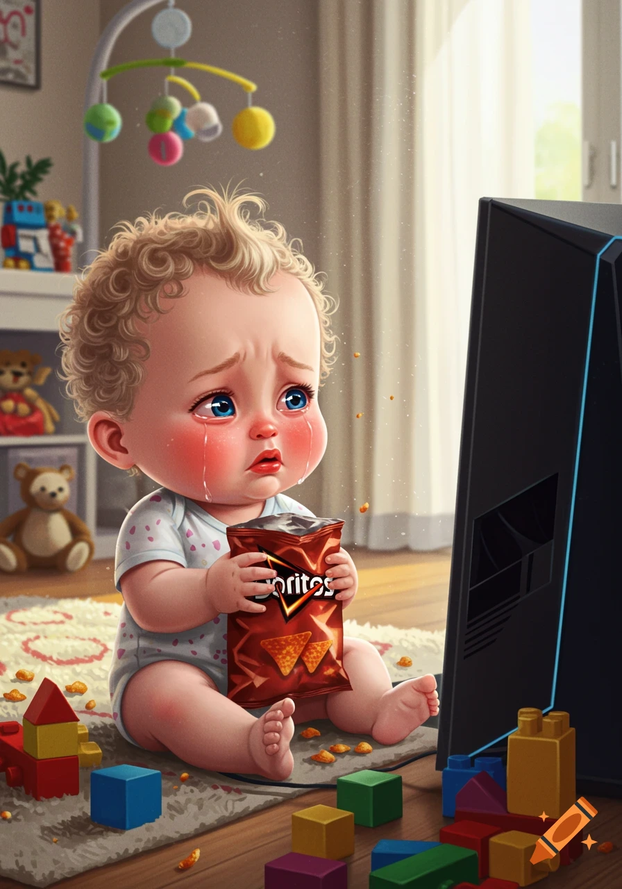 Cartoon crying baby holding a Doritos bag, sitting on a rug with scattered chips and building blocks next to a computer monitor.