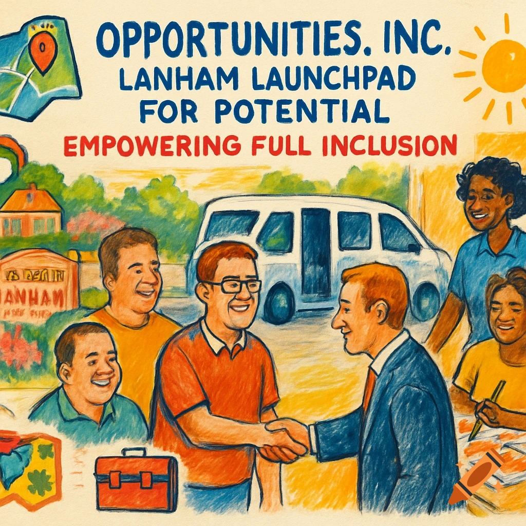 An acrylic marker sketch depicting a diverse group of adults, some with developmental disabilities, interacting joyfully. Two men shake hands in the foreground, with others smiling near a community van and a painting activity. A map, sun, toolbox, and heart icons frame the scene, with the title 'Opportunities, Inc. Lanham Launchpad for Potential Empowering Full Inclusion'.