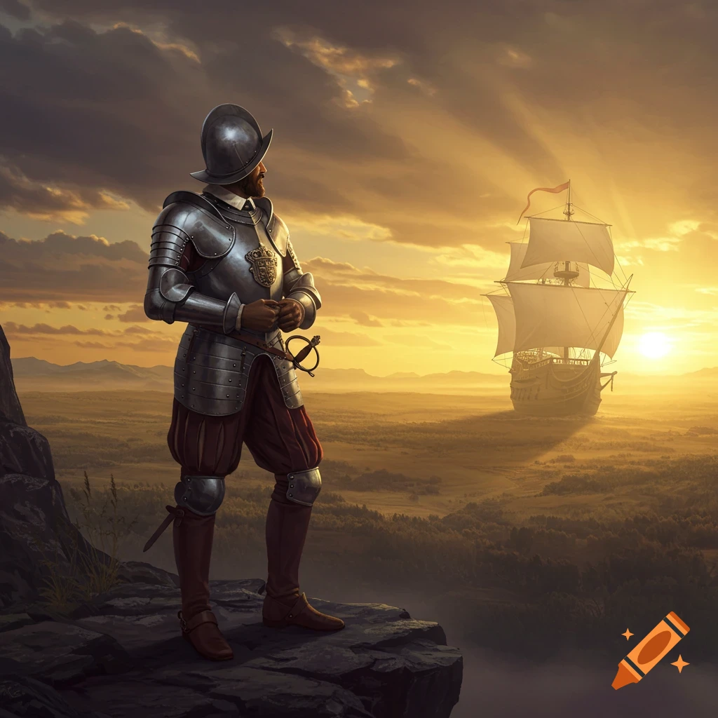 A conquistador in full armor stands on a cliff, looking out at a large sailing ship on a distant plain at sunset.
