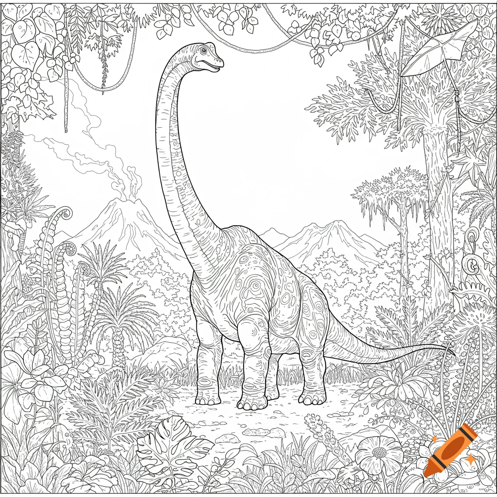 Black and white line art coloring page of a long-necked dinosaur in a prehistoric jungle with volcanoes.