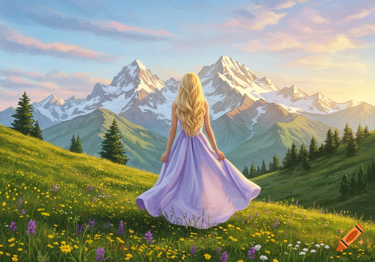 Blonde woman in a flowing purple dress stands in a flower-filled mountain meadow, facing snow-capped peaks under a warm sky in a painterly style.
