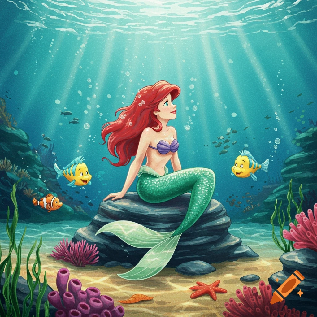 Ariel the mermaid with red hair and a green tail sits on a rock underwater, surrounded by colorful fish and coral, in a cartoon style.