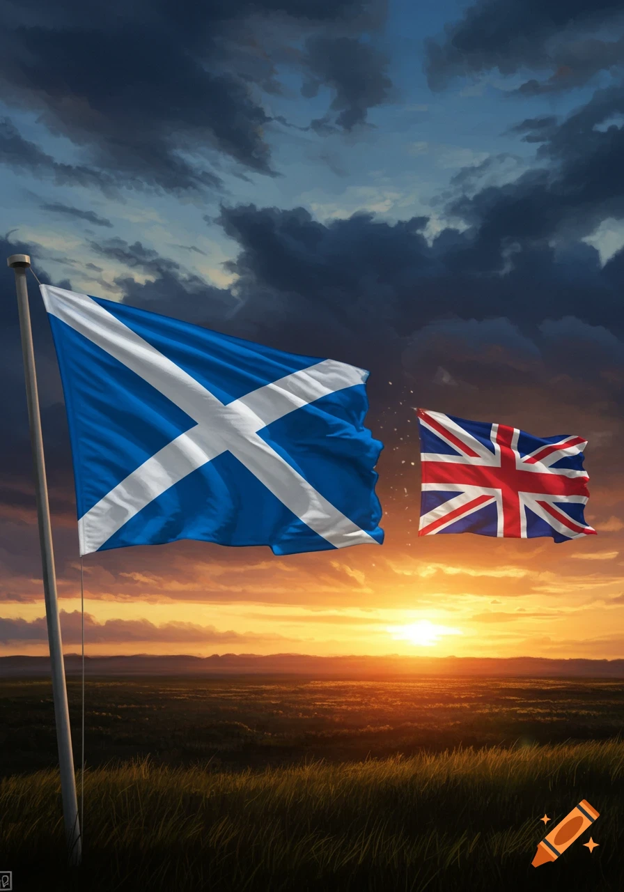 A digital painting showing the Scottish flag on a pole in a grassy field at sunset, as the Union Jack dissipates to its right under stormy clouds.
