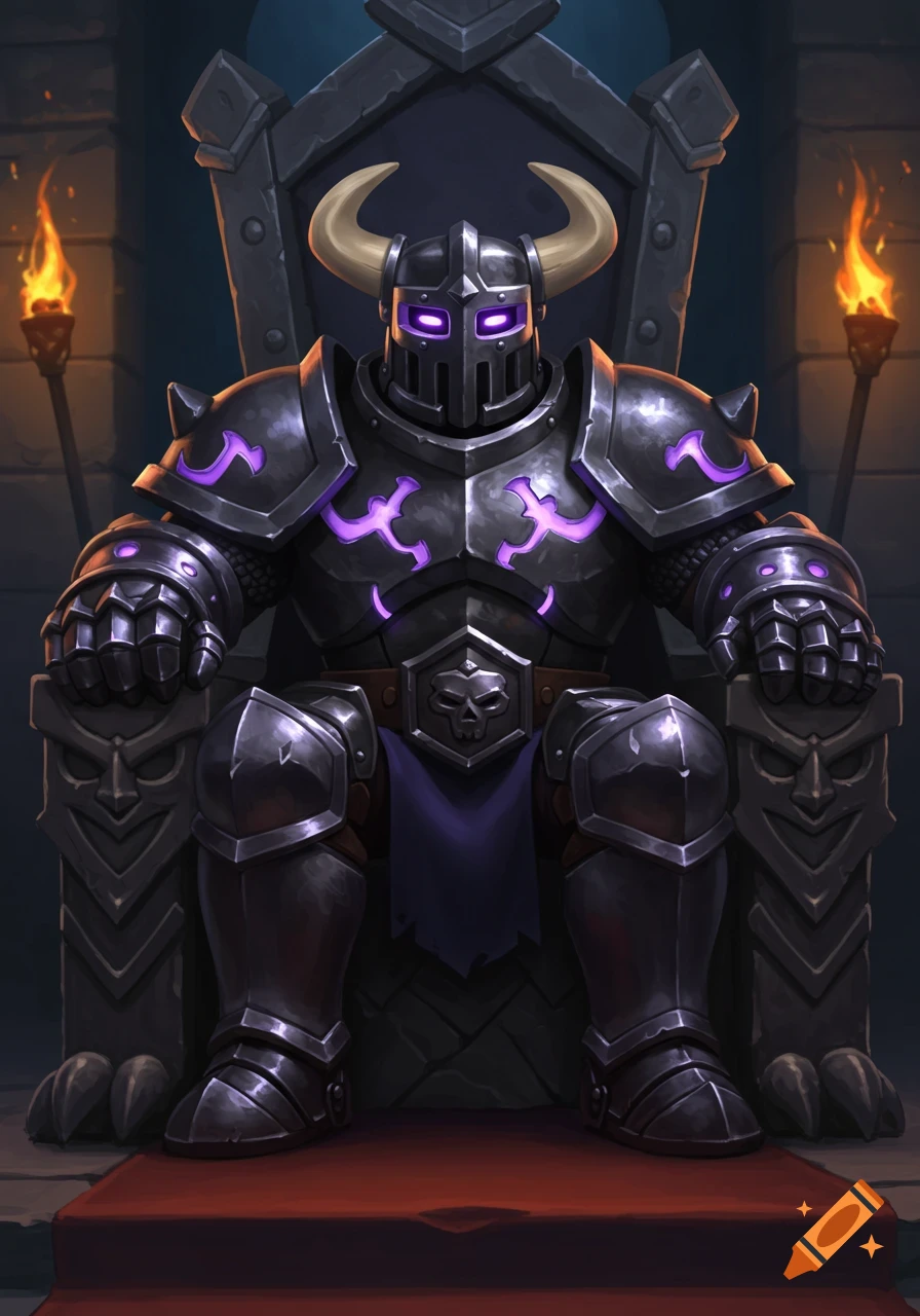 Heavily armored knight with horns and glowing purple accents sits on an ornate, skull-decorated throne, lit by torches.