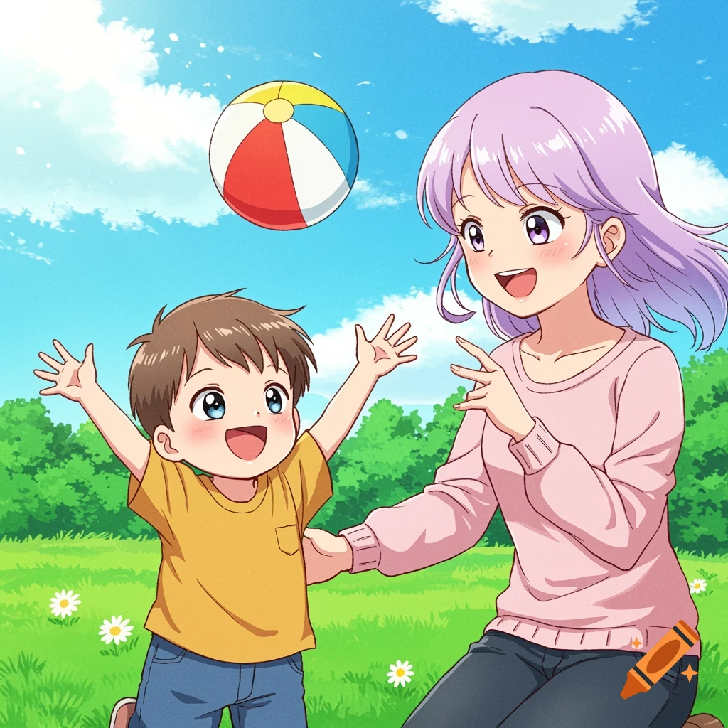 A cartoonish anime mother and son play with a beach ball in a sunny park.
