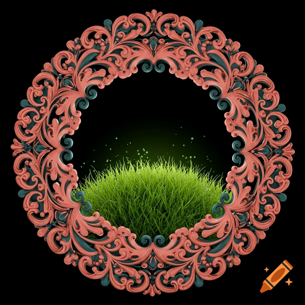 A round, ornate corals pink and viridian rosemaling wreath frames lush green grass with glowing sparkles.