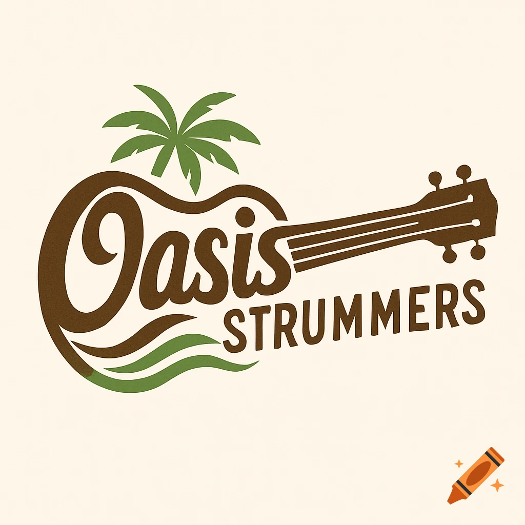 Logo for 'Oasis Strummers' featuring a ukulele with 'Oasis' forming its body, a palm tree on top, and 'STRUMMERS' beside its neck.