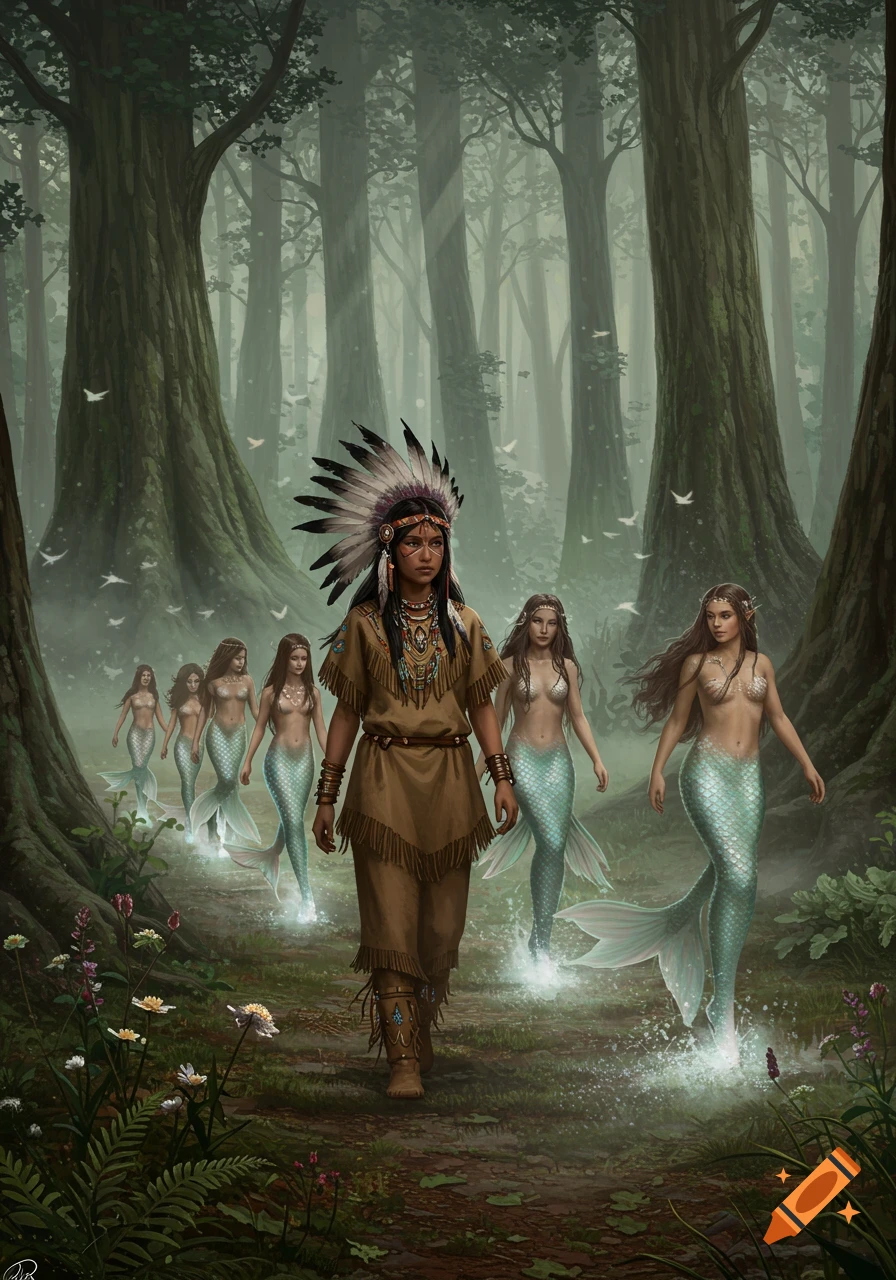 A Native American girl in traditional dress leads a line of mermaids with glowing tails through a misty, sunlit forest.