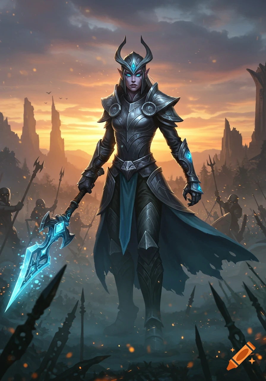 Female elf warrior in ornate dark armor with glowing blue spear on a battlefield at sunset, digital art style.