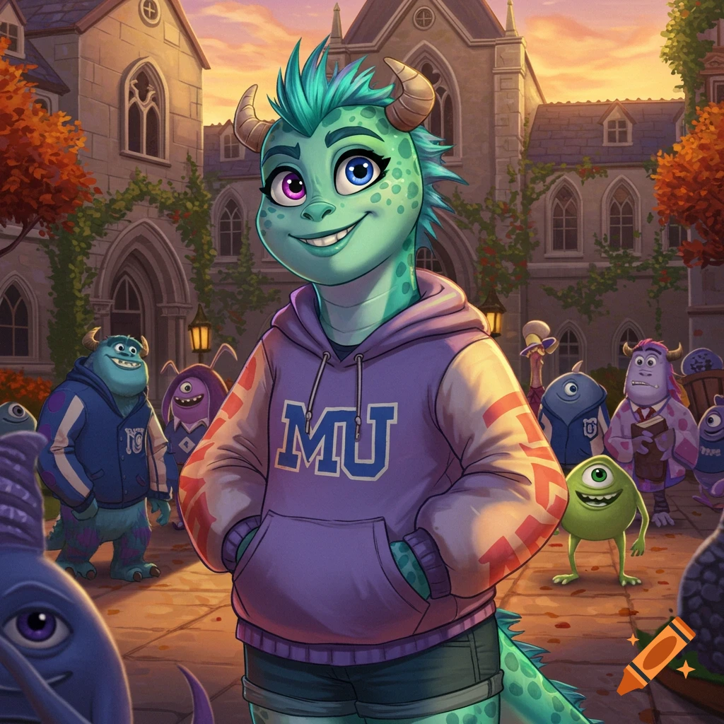 A turquoise monster student with horns and an 'MU' hoodie smiles in front of a university building with other monster students, in a cartoon style.
