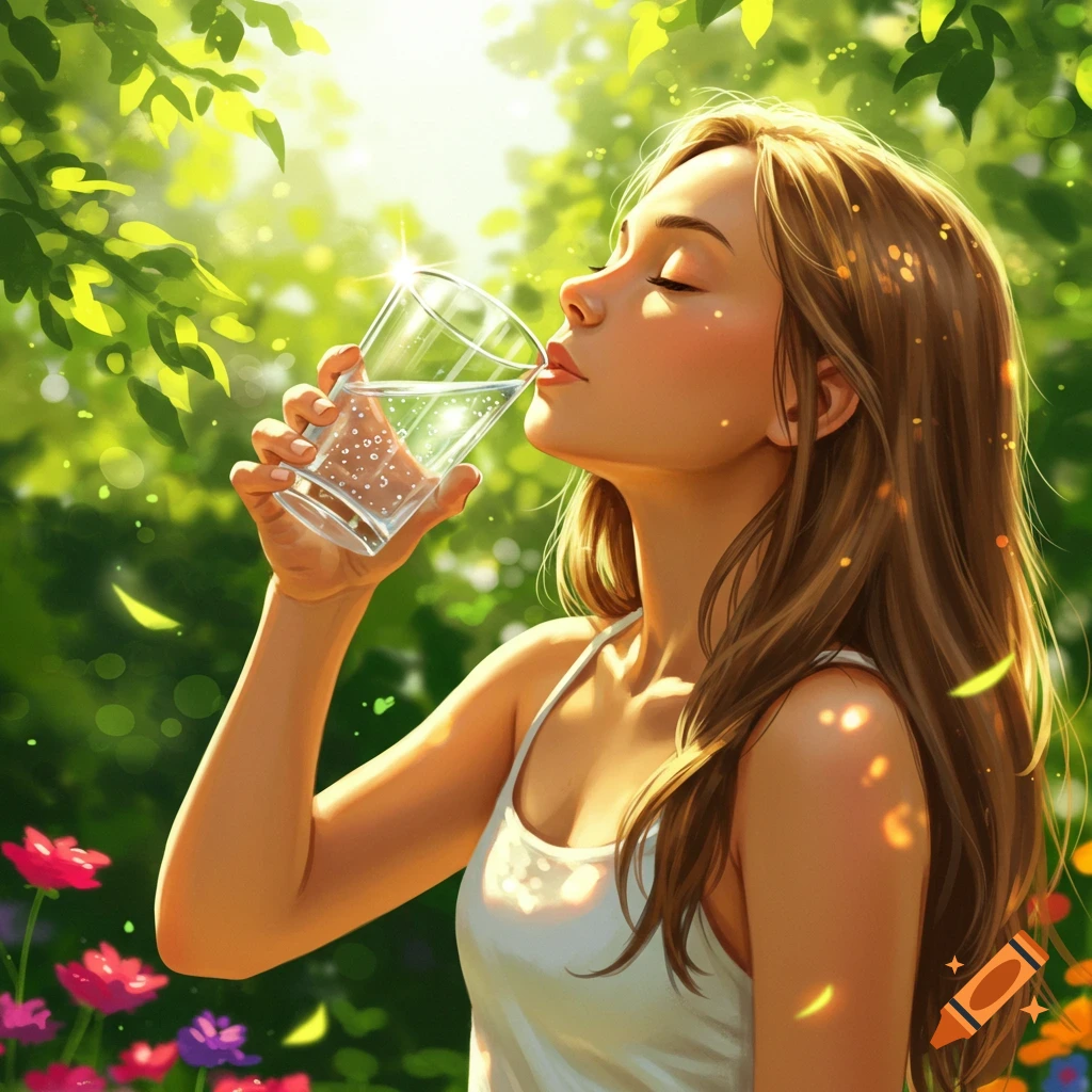 A young woman with long brown hair drinks water from a glass in a bright, lush outdoor setting with green leaves and colorful flowers.