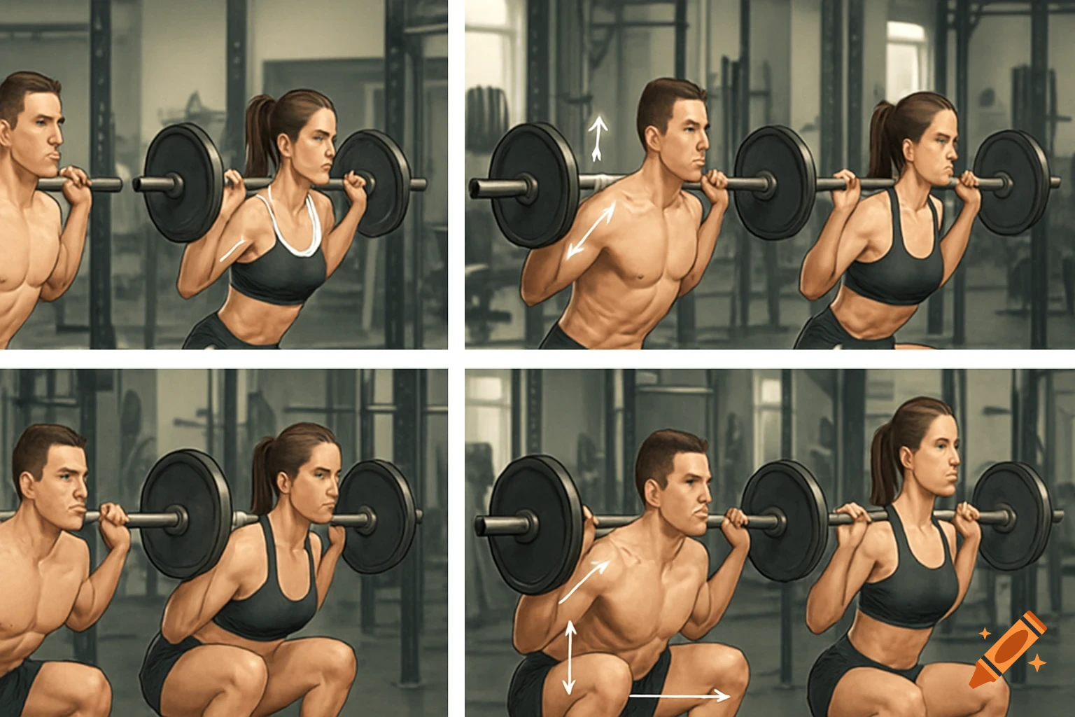 Instructional illustration of a male and female athlete demonstrating proper barbell squat form in a gym setting.