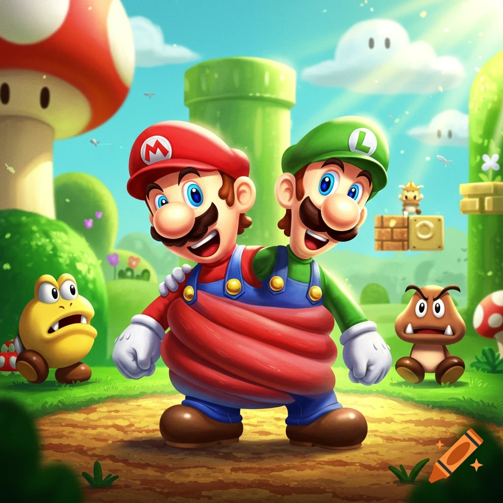 Conjoined Mario and Luigi smiling in a vibrant Super Mario Bros. cartoon landscape with Goombas and Koopa Troopas.