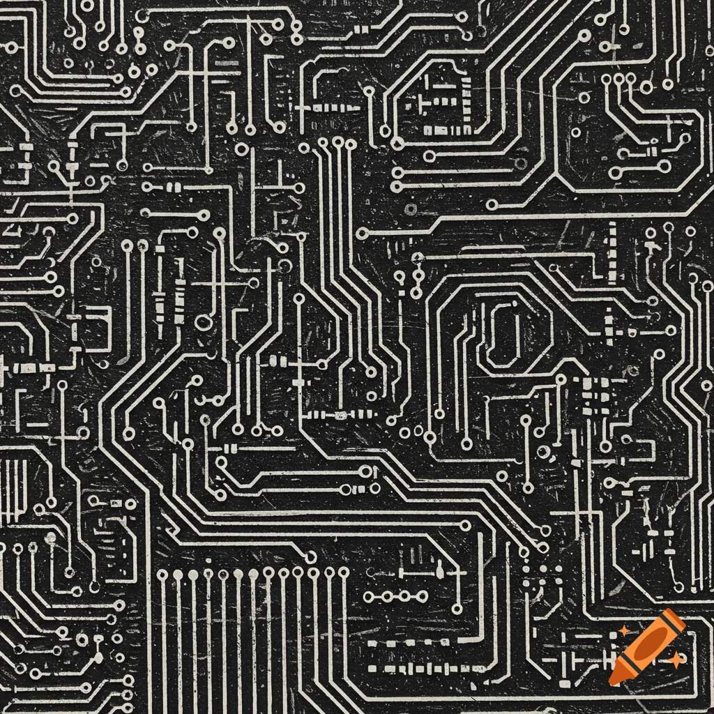 Intricate white circuit board tracing pattern on a dark background, rendered in a linocut style.