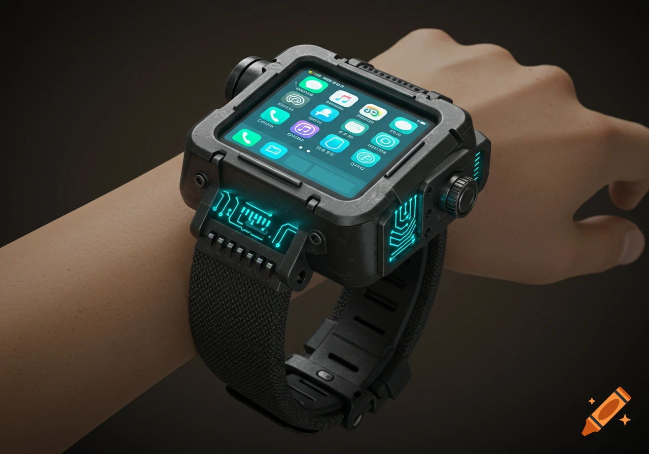Close-up of a futuristic, rugged, black smart watch with a glowing screen displaying app icons, worn on a hand against a dark background.