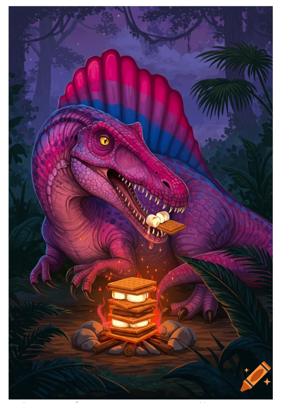 A vibrant pink and purple Spinosaurus with a bisexual flag-colored sail eats a s'more by a glowing campfire in a stylized jungle at night.