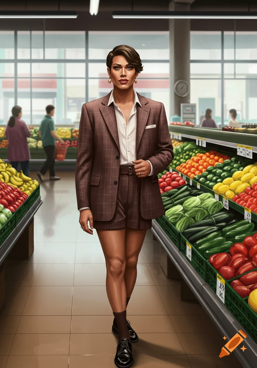 An illustrative image of a person with short brown hair, wearing a brown plaid suit with shorts and black shoes, standing in a grocery store produce aisle.