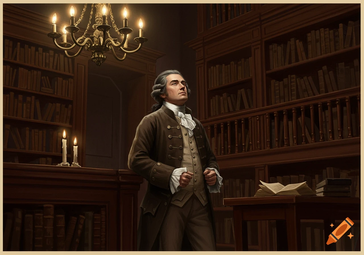 A dark-haired colonial gentleman in a dark coat and white ruffled shirt stands in a dimly lit library with a chandelier.