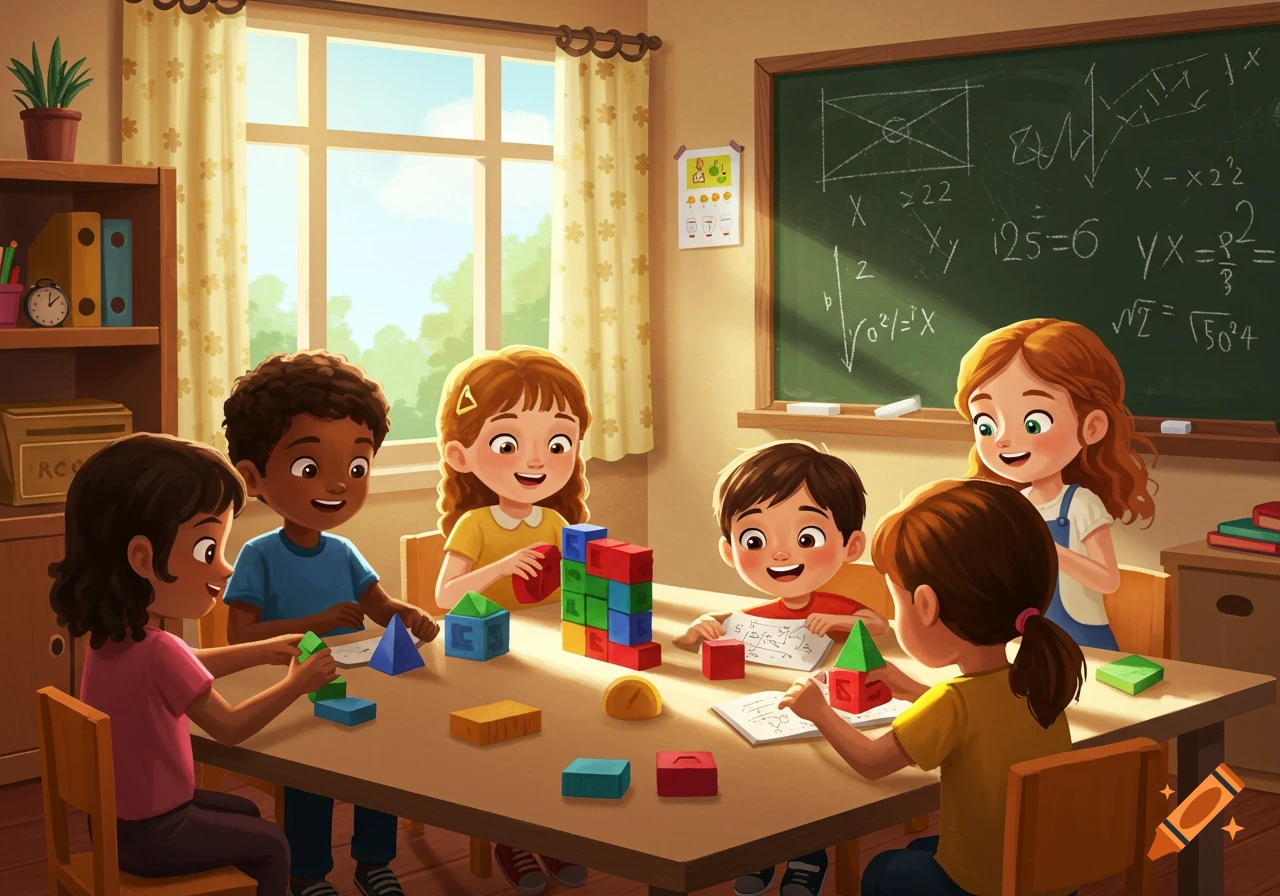 A cartoon illustration of diverse children playing with colorful building blocks at a table in a bright classroom with a blackboard.