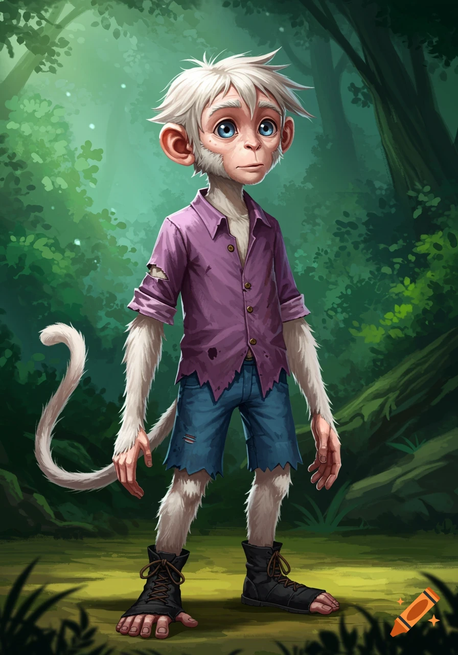 A white-furred monkey child in a tattered purple shirt and blue shorts stands in a vibrant green jungle. Fantasy illustration.