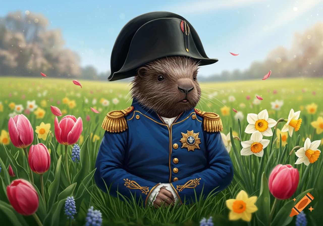 An anthropomorphic porcupine wearing a blue Napoleonic uniform and bicorne hat stands in a vibrant field of tulips and daffodils.