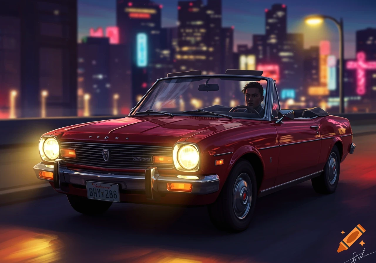 A man drives a red vintage convertible car on a city street at night, with neon lights in the background.